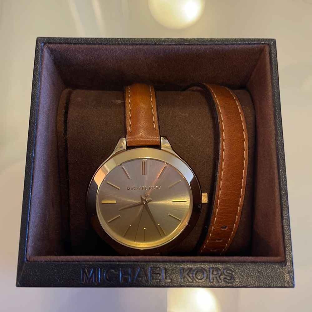 Michael Kors Brown Leather/Gold Wrap Watch